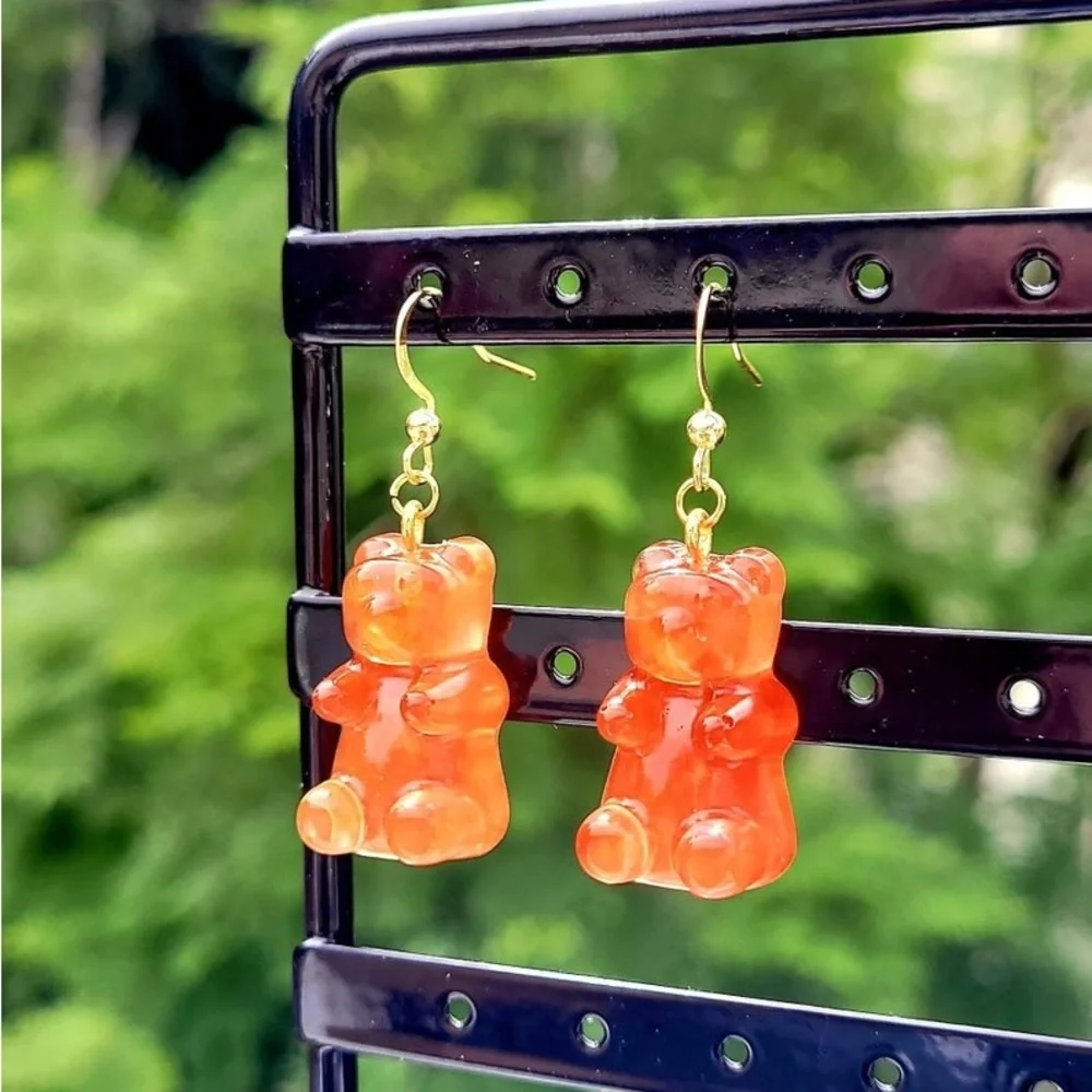 New Handmade Transparent Orange Sterling Silver Resin Gummy Bear Earrings